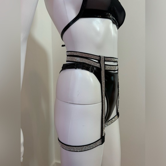 Black Vinyl Mesh Rhinestone Lingerie Set 4 Pieces, XS Custom - Picture 8 of 13